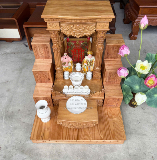 Trọn Bộ Bàn Thờ Ông Địa - Thần Tài Gỗ Gõ Đỏ Tân Cổ Điển 6 Món