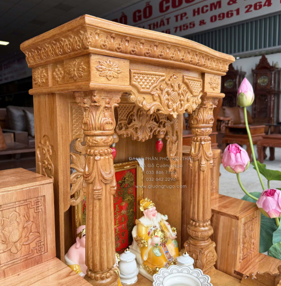 Trọn Bộ Bàn Thờ Ông Địa - Thần Tài Gỗ Gõ Đỏ Tân Cổ Điển 6 Món