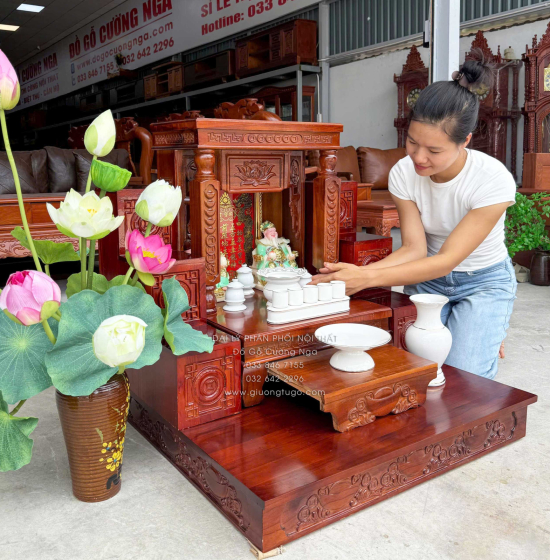 Trọn Bộ Bàn Thờ Ông Địa - Thần Tài Gỗ Tràm 6 Món