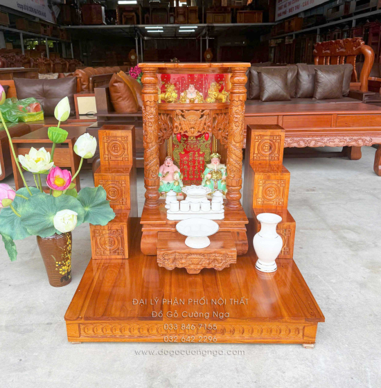 Trọn Bộ Bàn Thờ Ông Địa - Thần Tài Gỗ Xoan 6 Món - Có Hộp Đèn