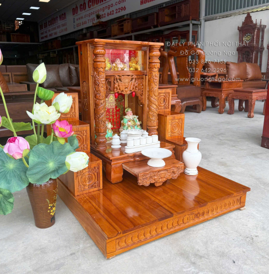 Trọn Bộ Bàn Thờ Ông Địa - Thần Tài Gỗ Xoan 6 Món - Có Hộp Đèn