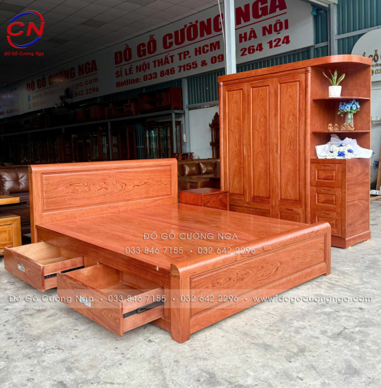 Combo Giường Tủ Gỗ Hương Đá Kèm Kệ Trang Trí Sang Trọng