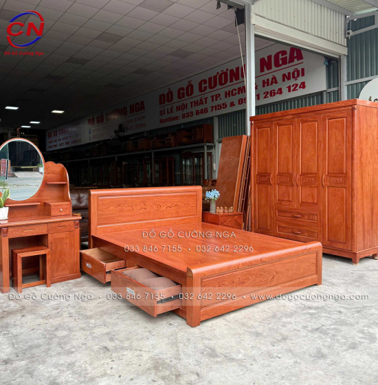 Bộ Phòng Ngủ Gỗ Hương Đá Kết Hợp Giường Ngăn Kéo Thiết Kế Hiện Đại