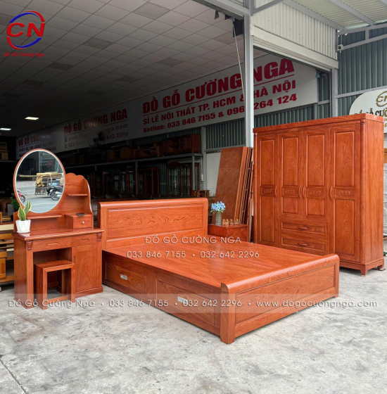 Bộ Phòng Ngủ Gỗ Hương Đá Kết Hợp Giường Ngăn Kéo Thiết Kế Hiện Đại