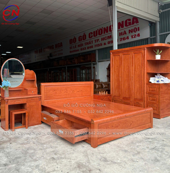 Combo Giường Tủ Gỗ Hương Đá Kèm Bàn Trang Điểm Sang Trọng