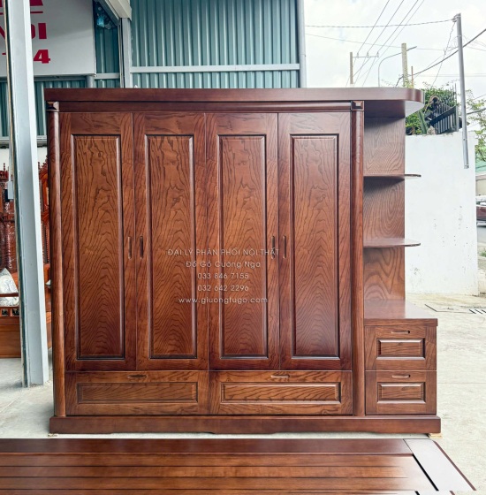 Tủ Áo Gỗ Sồi Nga 4 Cánh Kèm Góc Trang Trí Bo Cạnh - Màu Óc Chó