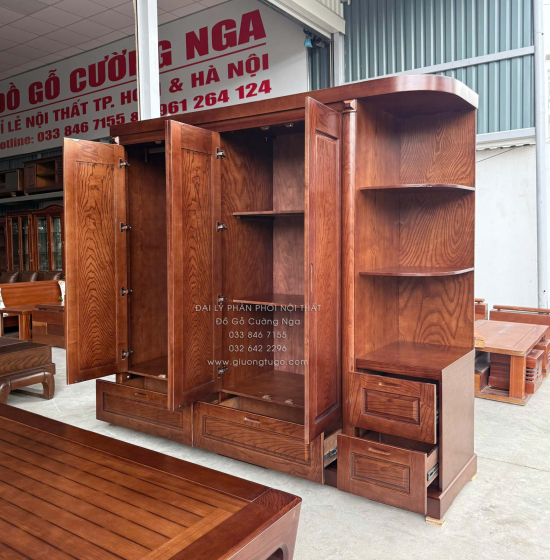 Tủ Áo Gỗ Sồi Nga 4 Cánh Kèm Góc Trang Trí Bo Cạnh - Màu Óc Chó