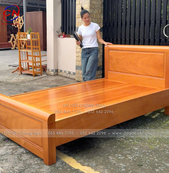 Giường Đơn Gỗ Gõ Đỏ 1m2 Mẫu Bắt Chỉ Đơn Giản Đẹp