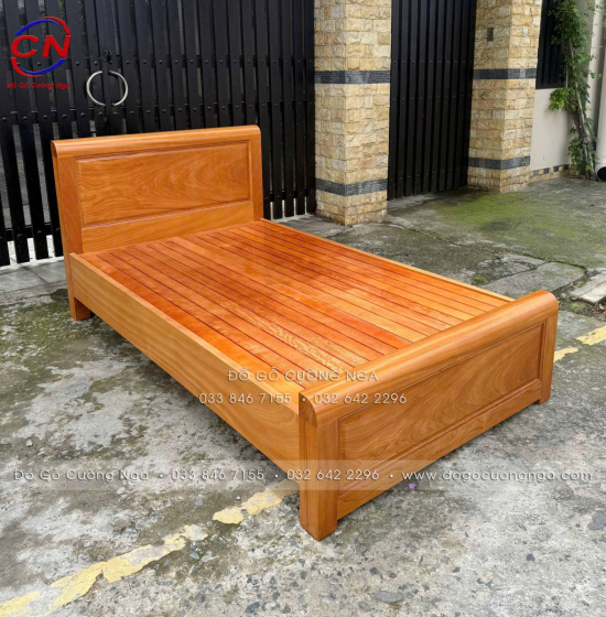 Giường Đơn Gỗ Gõ Đỏ 1m2 Mẫu Bắt Chỉ Đơn Giản Đẹp