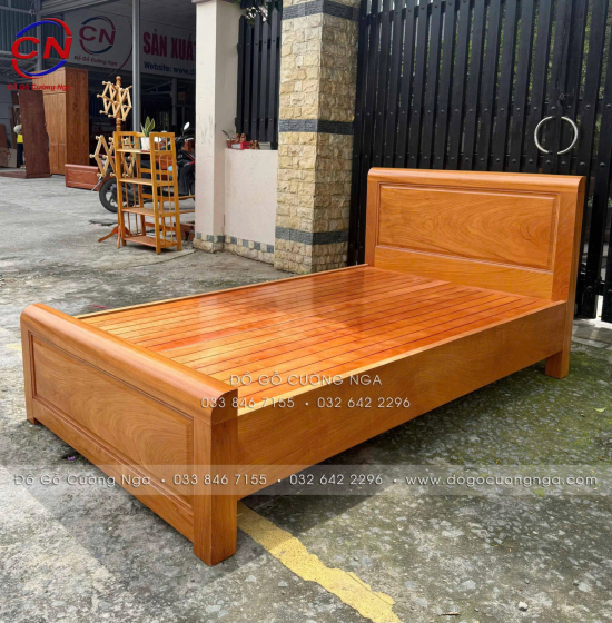 Giường Đơn Gỗ Gõ Đỏ 1m2 Mẫu Bắt Chỉ Đơn Giản Đẹp