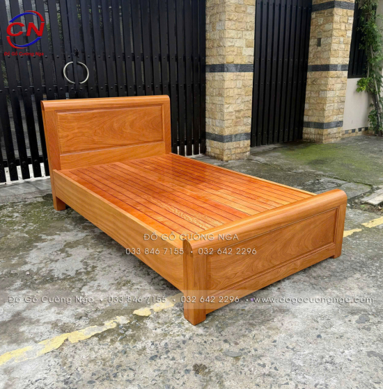 Giường Đơn Gỗ Gõ Đỏ 1m2 Mẫu Bắt Chỉ Đơn Giản Đẹp