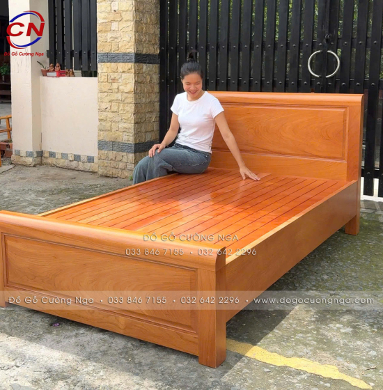 Giường Đơn Gỗ Gõ Đỏ 1m2 Mẫu Bắt Chỉ Đơn Giản Đẹp