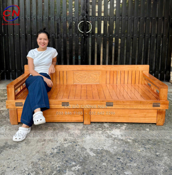 Giường Gấp Gỗ Sồi Kèm Bàn Đá & Đôn Gỗ Sồi Giá Tốt