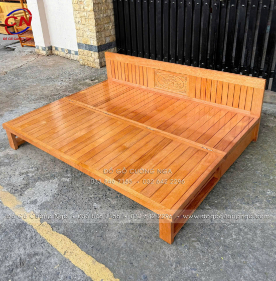 Giường gấp ô kéo gỗ sồi 1m2x1m9 - màu cánh gián 