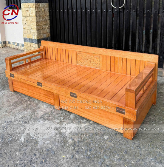 Giường Gấp Gỗ Sồi Kèm Bàn (Có Kính) & Đôn Gỗ Sồi Kiểu Dáng Bắt Mắt