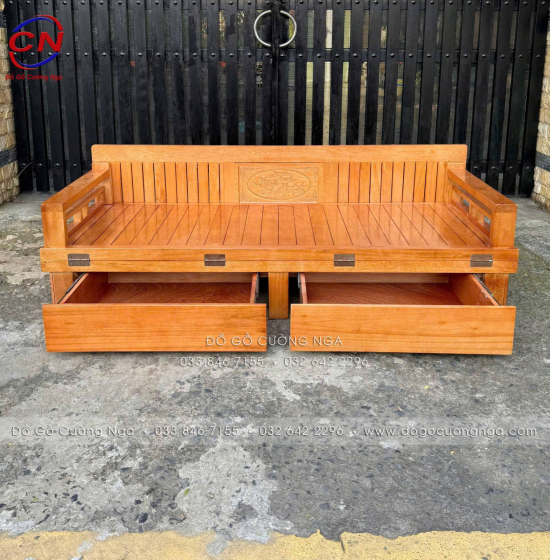 Giường Gấp Gỗ Sồi Kèm Bàn (Có Kính) & Đôn Gỗ Sồi Kiểu Dáng Bắt Mắt