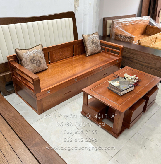 Giường Gấp Gỗ Xoan Đào 2 Ngăn Kéo Kèm Bàn (Có Kính) & Đôn Gỗ Sồi Bền Đẹp