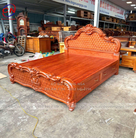 Giường Ngủ Gỗ Hương Đá Mẫu Trám 2 Ngăn Kéo Cao Cấp 