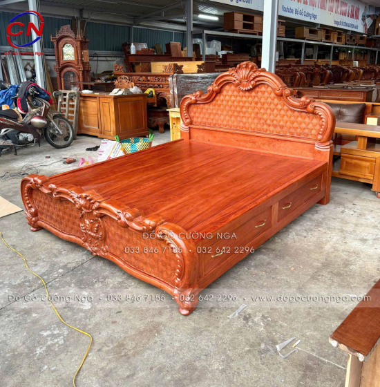 Giường Ngủ Gỗ Hương Đá Mẫu Trám 2 Ngăn Kéo Cao Cấp 