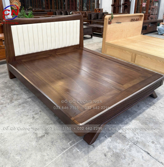 Giường Ngủ Gỗ Hương Xám Màu Óc Chó Kiểu Nhật Chân Thuyền Đầu Nệm 