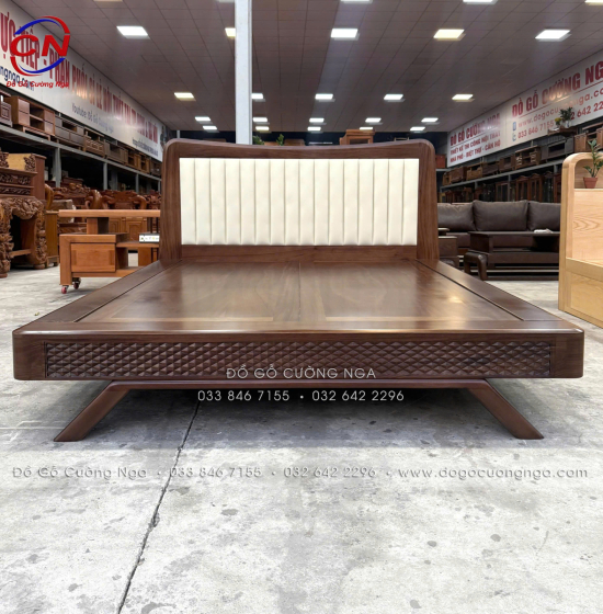 Giường Ngủ Gỗ Hương Xám Màu Óc Chó Kiểu Nhật Chân Thuyền Đầu Nệm 