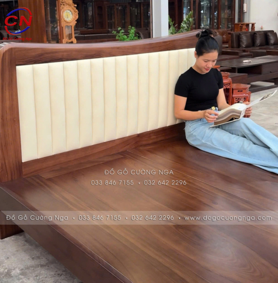 Giường Ngủ Gỗ Hương Xám Màu Óc Chó Kiểu Nhật Chân Thuyền Đầu Nệm 