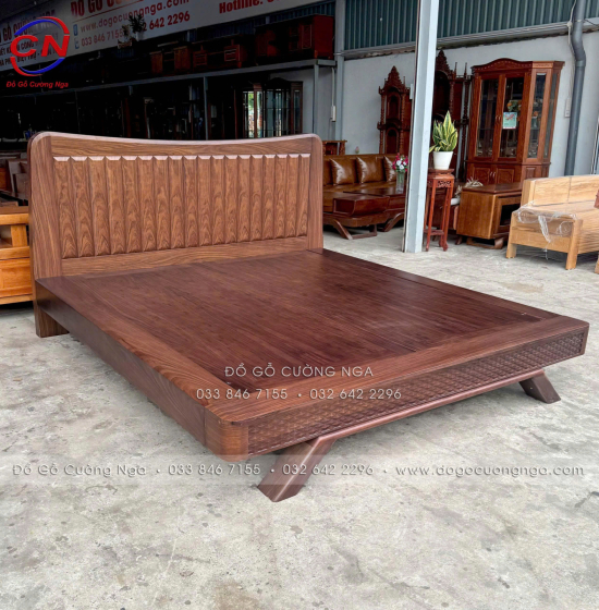 Giường Gỗ Hương Xám Kiểu Nhật Chân Thuyền Màu Óc Chó Sang Trọng 