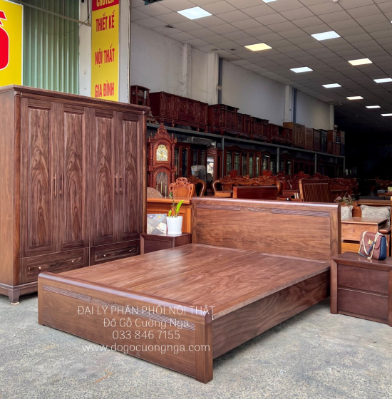 Giường Ngủ Gỗ Óc Chó Chỉ Hoa Phản Liền Cao Cấp