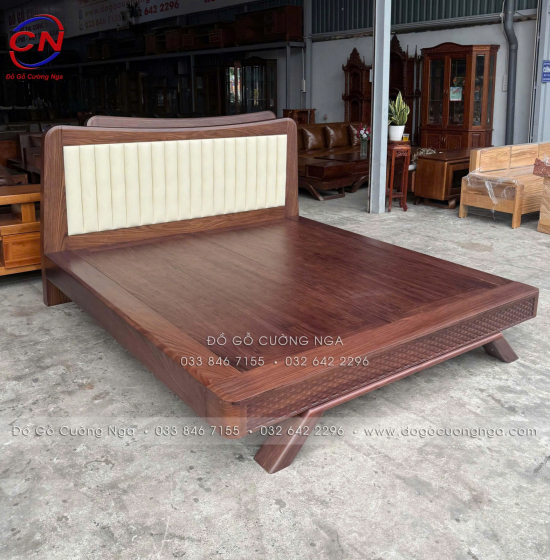 Giường Ngủ Gỗ Óc Chó Kiểu Nhật Chân Thuyền Đầu Nệm 
