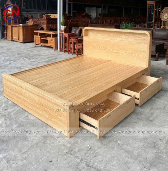 Giường Ngủ Gỗ Sồi Nga 2 Ngăn Kéo Màu Tự Nhiên Kèm Kệ Đầu Giường 