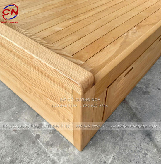 Giường Ngủ Gỗ Sồi Nga 2 Ngăn Kéo Màu Tự Nhiên Kèm Kệ Đầu Giường 