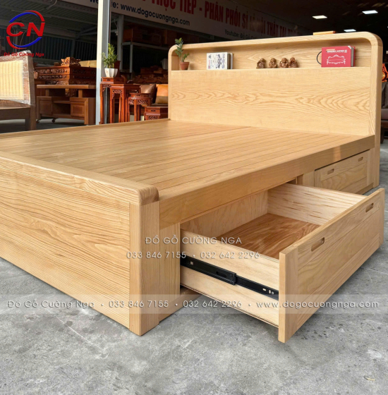 Giường Ngủ Gỗ Sồi Nga 2 Ngăn Kéo Màu Tự Nhiên Kèm Kệ Đầu Giường 