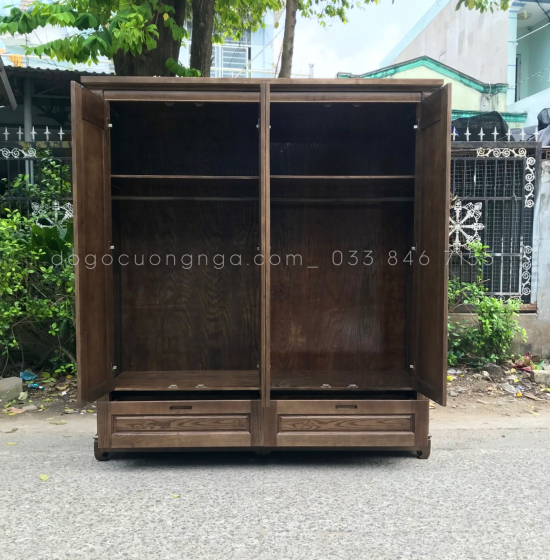 Tủ áo gỗ sồi 4 cánh - màu óc chó cao cấp 