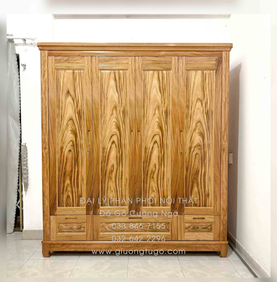 Tủ Quần Áo Gỗ Hương Xám 4 Cánh Mẫu Trơn 1m92