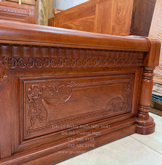 Giường Ngủ Gỗ Hương Đá Cao Cấp -  Phản Liền Tấm - Họa Tiết Xẻ Quạt
