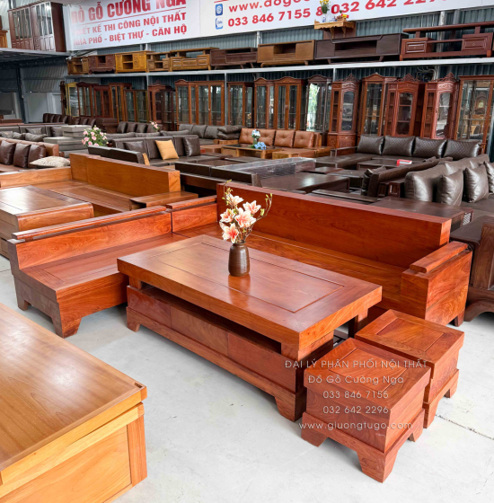 Bộ Bàn Ghế Sofa Gỗ Hương Đá Góc L 2m44x2m Cao Cấp 