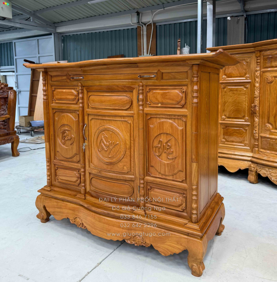 Tủ thờ gỗ gõ đỏ 1m53 cánh cong - trạm chữ BT 014