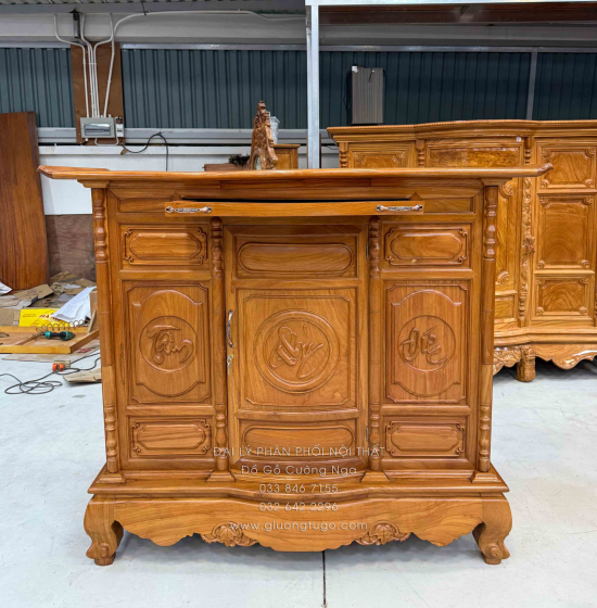 Tủ thờ gỗ gõ đỏ 1m53 cánh cong - trạm chữ BT 014