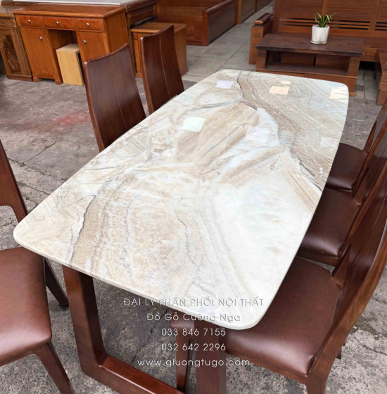 Bàn Ăn Gỗ Sồi Nga Mặt Đá 6 Ghế Nệm Lau Màu Óc Chó Hiện Đại