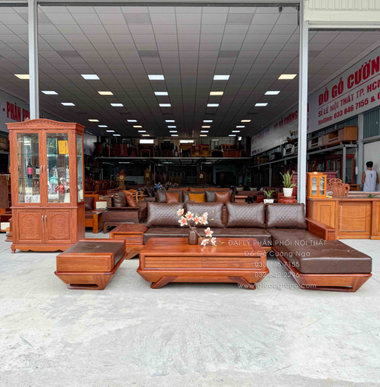 Sofa Gỗ Hương Vàng Góc L Chân Thuyền 3m25 x 2m15 Cao Cấp