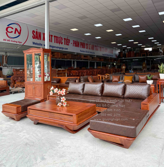 Sofa Gỗ Hương Vàng Góc L Chân Thuyền 3m25 x 2m15 Cao Cấp