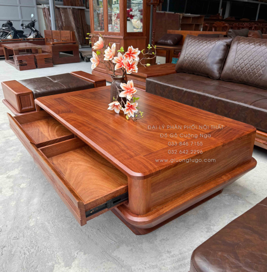 Sofa Gỗ Hương Vàng Góc L Chân Thuyền 3m25 x 2m15 Cao Cấp