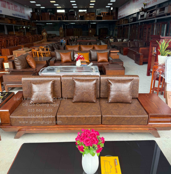 Bộ Sofa Gỗ Sồi Nga 2 Văng Chân Thuyền 3m3x2m6 Màu Óc Chó Cao Cấp