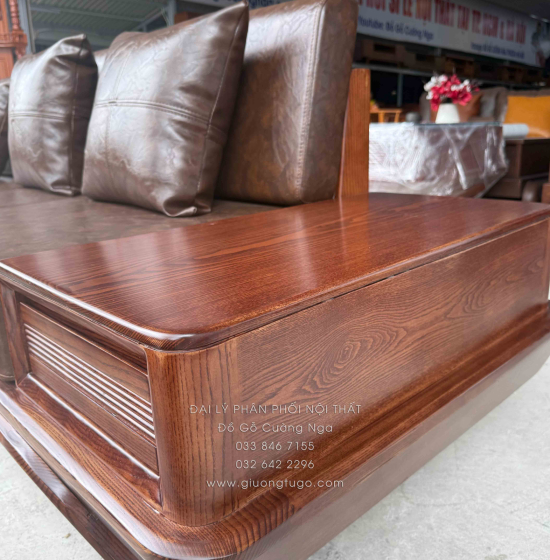 Bộ Sofa Gỗ Sồi Nga 2 Văng Chân Thuyền 3m3x2m6 Màu Óc Chó Cao Cấp