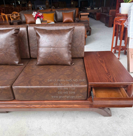 Bộ Sofa Gỗ Sồi Nga 2 Văng Chân Thuyền 3m3x2m6 Màu Óc Chó Cao Cấp