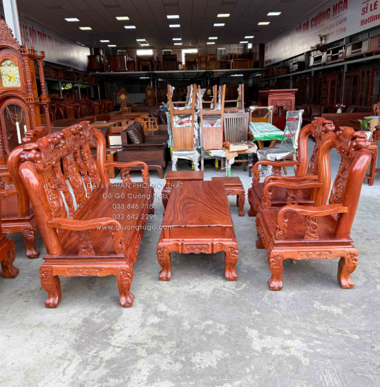 Bộ Bàn Ghế Salon Gỗ Hương Đá Mặt Liền Nguyên Tấm 10 Trạm Đào 6 Món 