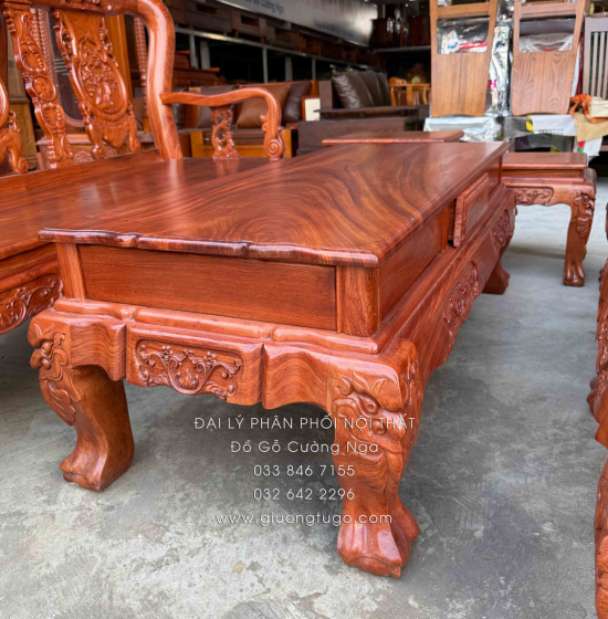 Bộ Bàn Ghế Salon Gỗ Hương Đá Mặt Liền Nguyên Tấm 10 Trạm Đào 6 Món 