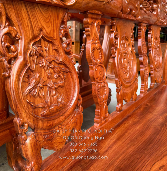 Bộ Bàn Ghế Salon Gỗ Hương Đá Mặt Liền Nguyên Tấm 10 Trạm Đào 6 Món 