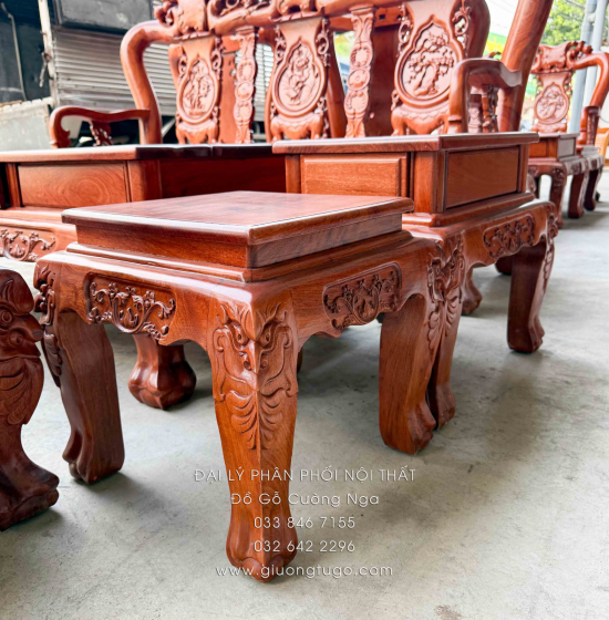 Bộ Bàn Ghế Salon Gỗ Hương Đá Mặt Liền Nguyên Tấm 10 Trạm Đào 6 Món 