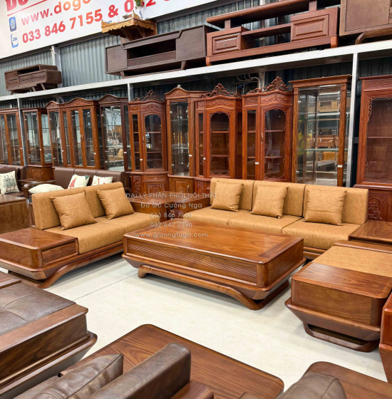 Bộ Sofa Gỗ Hương Vàng 2 Văng Chân Thuyền 3m45x2m75 Cao Cấp